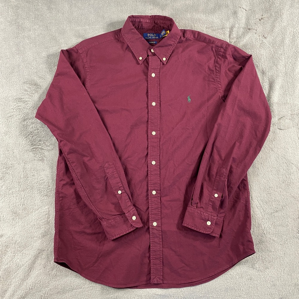 Polo Ralph Lauren Button Down Men L Burgundy Classic Fit Cotton Long Sleeve Pony